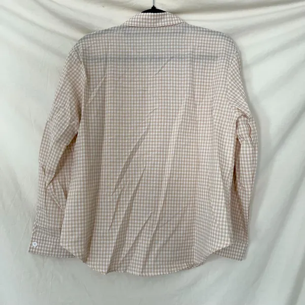 100% Linen Lightweight Button Up Blouse Shirt Tan White Gingham Plaid S - Image 4