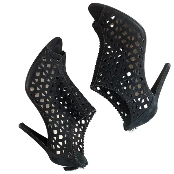 Prada Black Suede Laser Cut Peep Toe Ankle Booties Italy EU 38 US 7.5-8 - Image 7