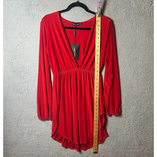 Pretty Little Thing Dress Womens 4 Red Slinky Plunge Split‎ Shift Stretch NEW - Image 6