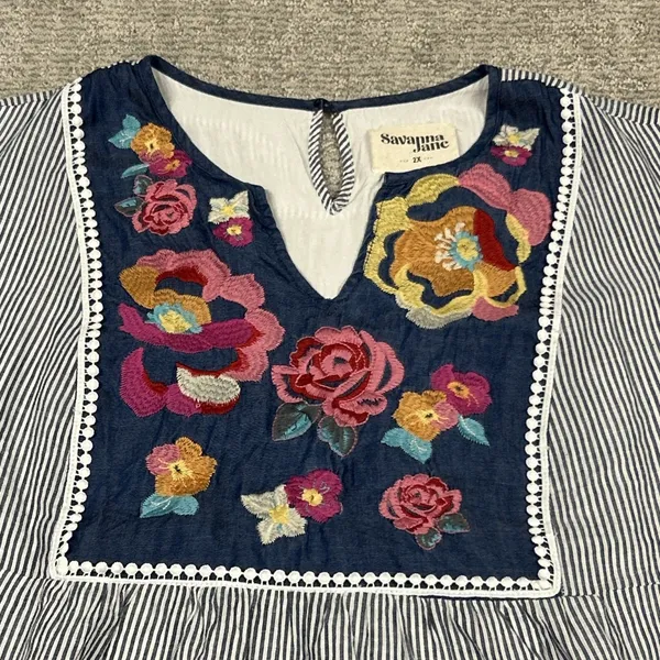 Savanna Jane Shirt Womens 2X Blue White Striped Embroidered Sleeveless Boho Top - Image 2