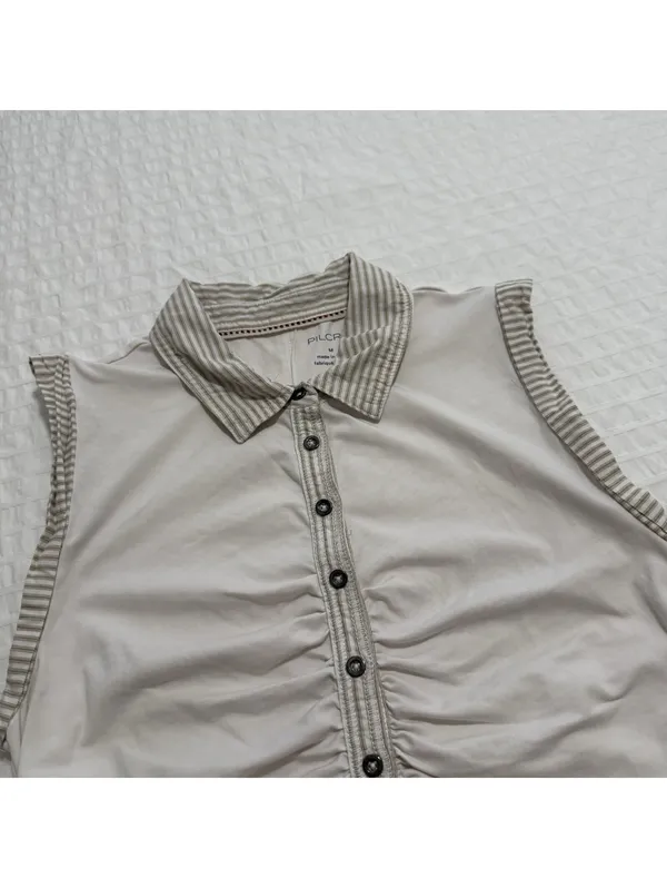 Pilcro Ruched Varsity Polo Tank Top Sleeveless Off White Sz M Medium - Image 12