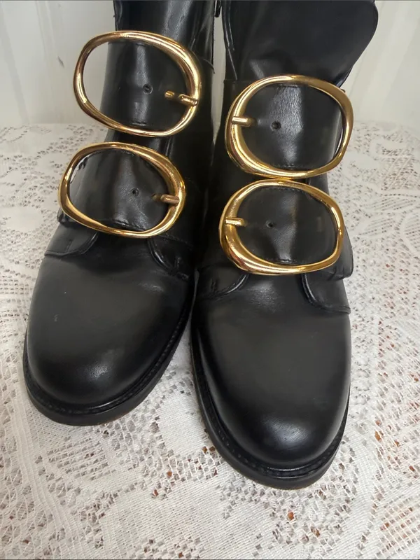 Maje Felipe Moto black with chunky Gold Buckles ankle boots sz 7 - Image 4
