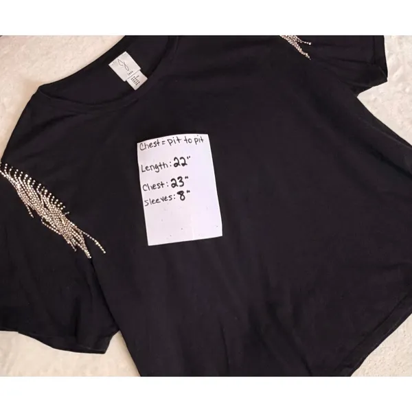 Joie Black Rhinestone Fringe Shoulder Cotton T-Shirt XL Short Sleeve Crop Top - Image 5