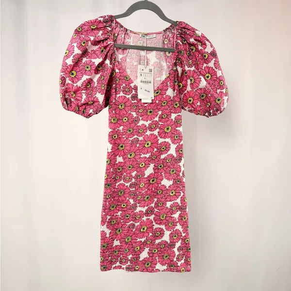 NWT Zara Puff Sleeve Smocked Floral Mini Dress in Pink White‎ Size Small - Image 3