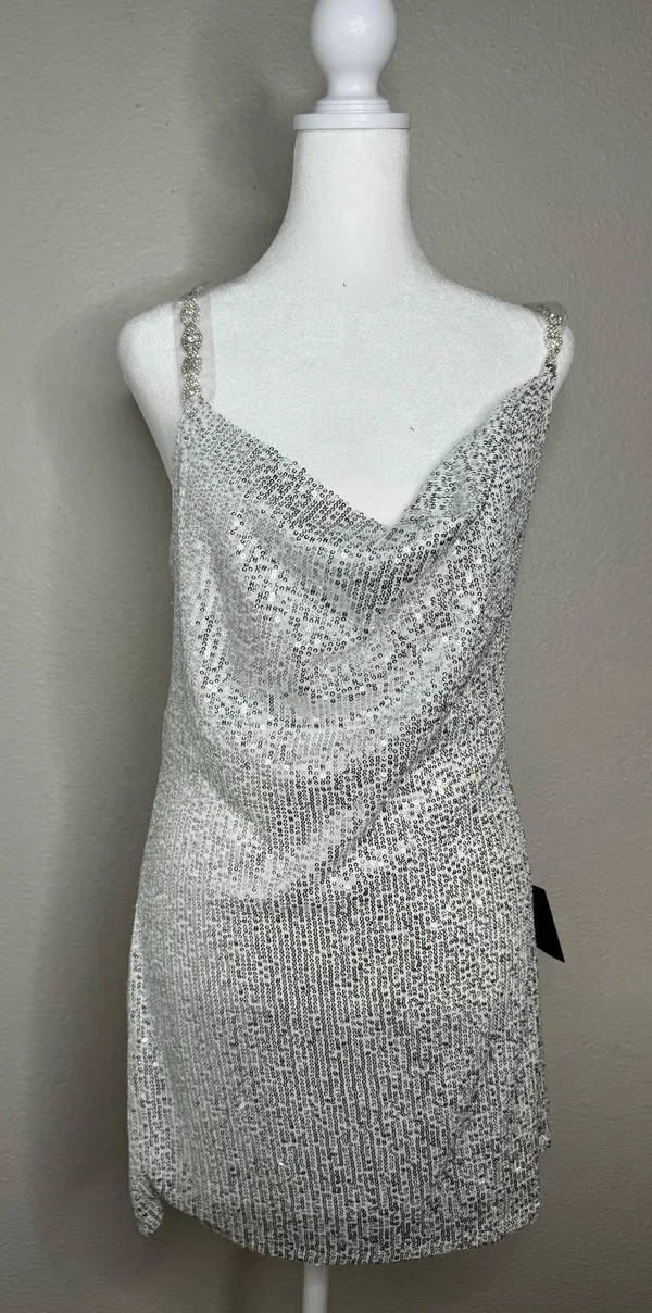 Silver Sequin Cowl Neck Mini Dress Sz M - Image 10