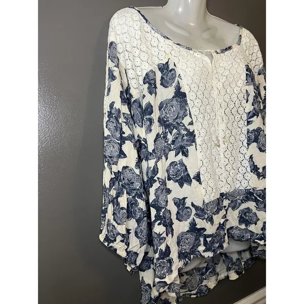 Free People Blouse Womens M White Scoop Neck 3/4 Balloon Sleeve Floral Tunic - Image 3
