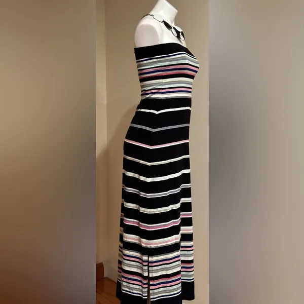 White House Black Market strapless Black Multi Color Stripes Slits Both Side SZ - Image 4