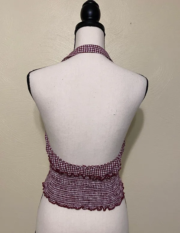 Festival Boho Plunge Gingham Halter Crop Top Red Size M - Image 2