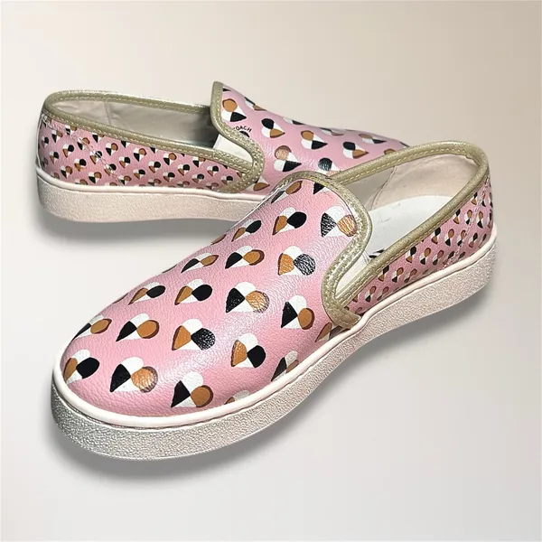 Coach 8B Pink Heart Print Slip On Sneakers Metallic Gold Trim FG2113‎ Travel - Image 2