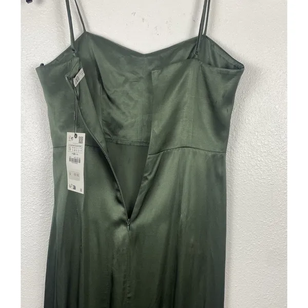 ZARA Green Satin Ruched Sweetheart Slip Midi Dress Spaghetti Strap Size S - Image 8