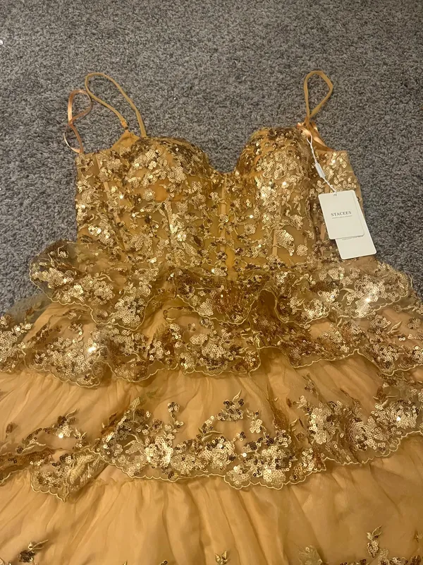 Stacees Shine in this elegant gold lace dress, perfect for any special occasion. The intricate lace detailing adds a touch of sophistication. - Image 4