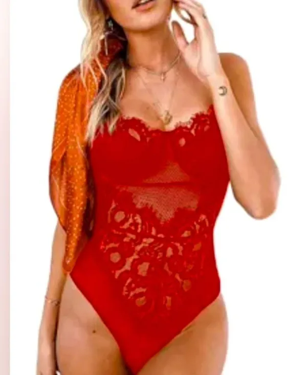 Mesh & Lace Teddy Bodysuit Bright Red Sexy Lingerie Sheer Rave Outfit Size M New - Image 8