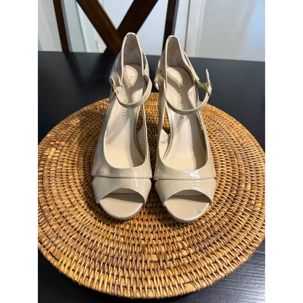 Franco Sarto Nude Patent Peep Toe Platform Heels Ankle Strap Pumps Size 8.5M‎ - Image 2