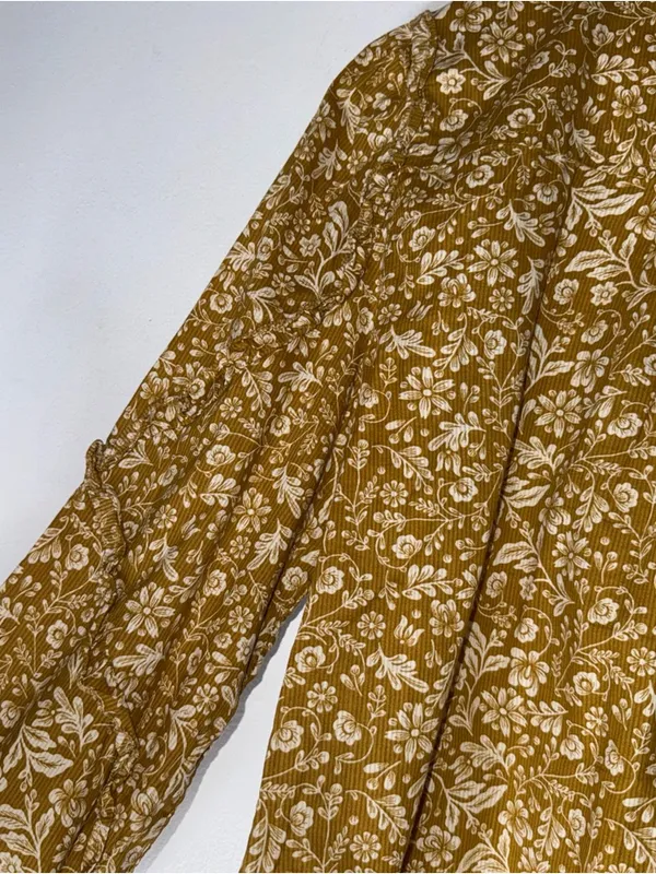 J CREW‎ Yellow Floral Puff-Sleeve Ruffle Peasant Blouse Medium AE263 - Image 6