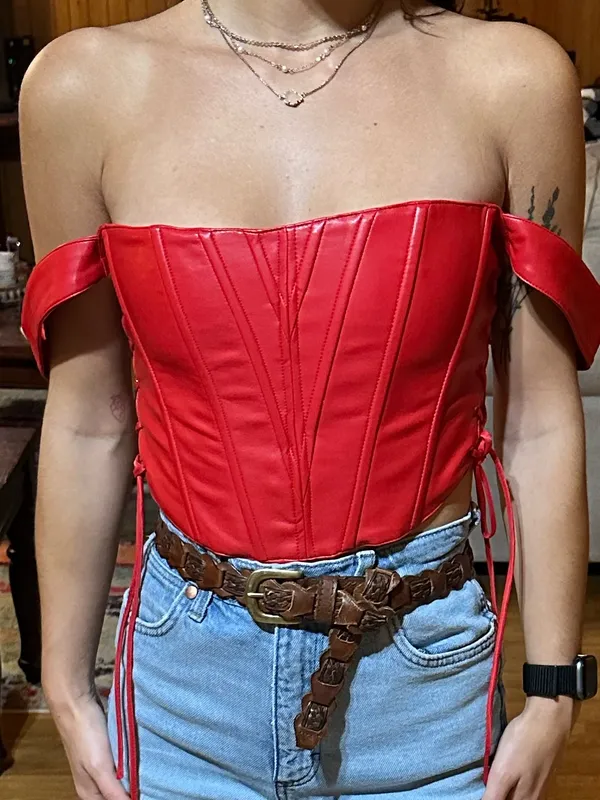 Red Faux Leather Corset Crop Top with Wide Straps - Image 2