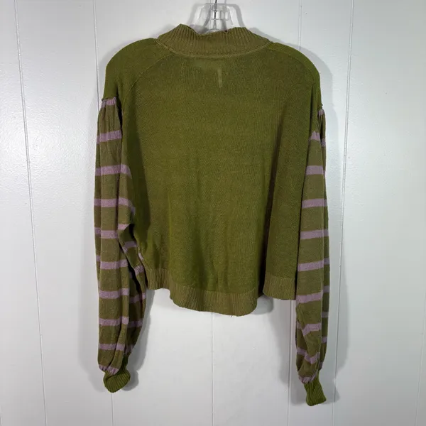 Free People Between the Lines Linen Blend Green Pink Balloon Sleeve Sweater Top - Image 5