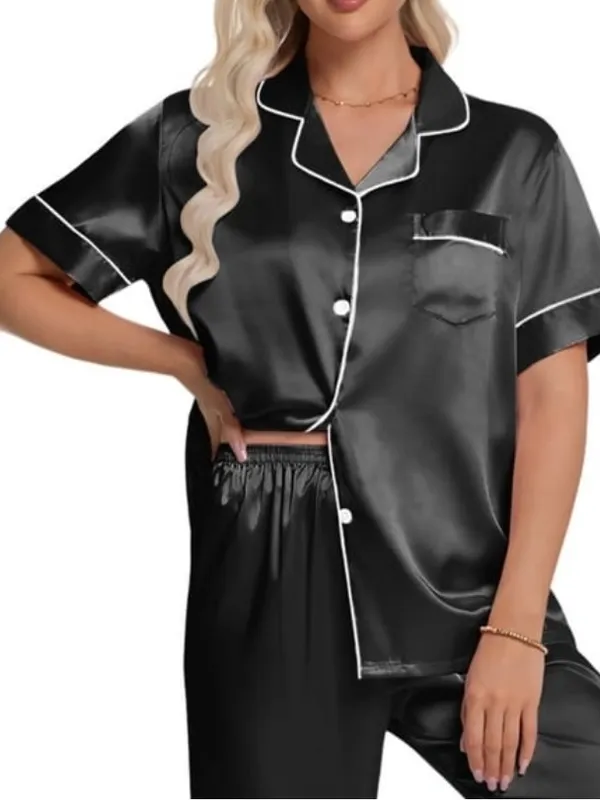 Women's Satin look/ feel Pajama Set - Black with White Piping - Image 8