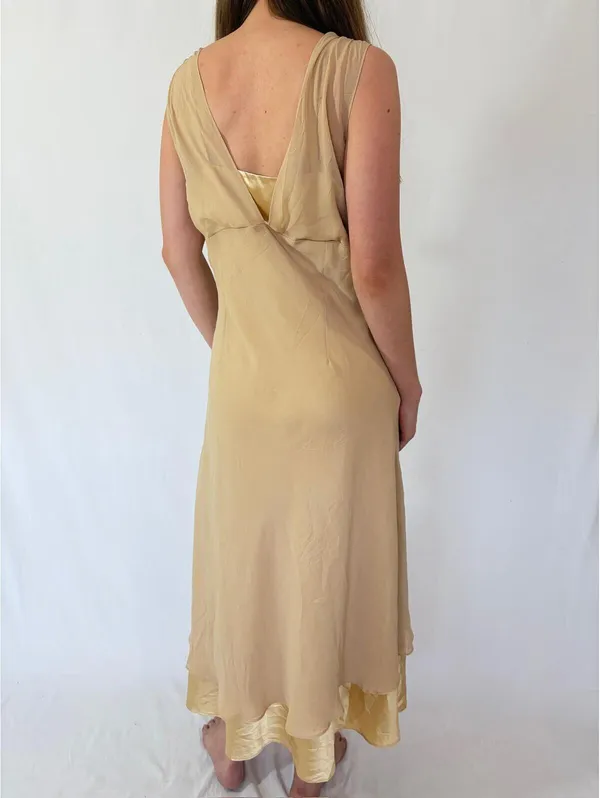Nude Cream Shimmery Embellished Mesh Overlay Vintage Princess Dress - Image 3
