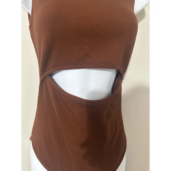 Showpo Brown Sleeveless‎ Ribbed Bodysuit Cutout Womens Size US 6 - Image 3