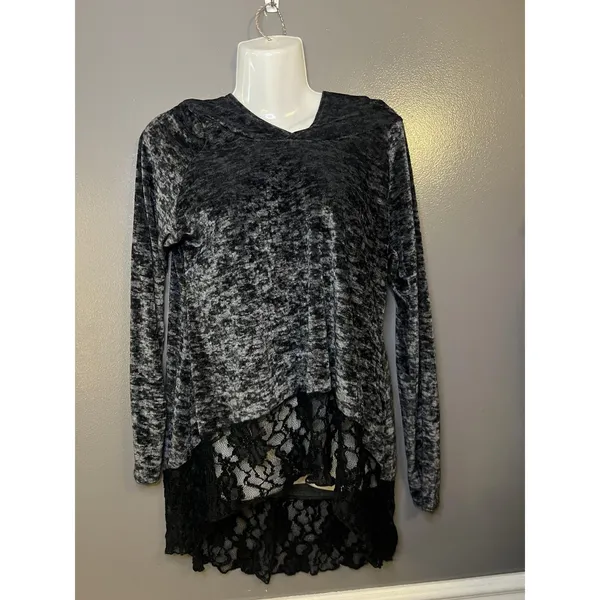 Vine Street Tunic Top Womens Medium Gray Velour Hooded Lace Hem Long Sleeve - Image 2
