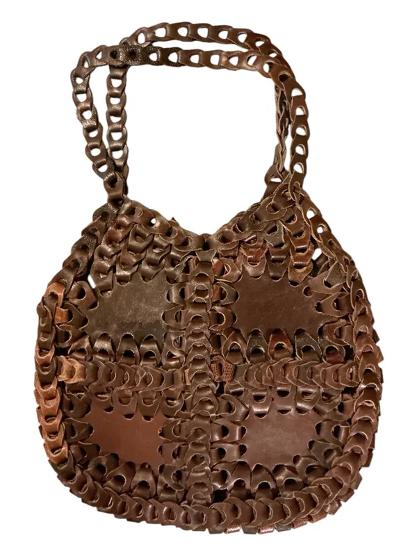 Vintage 1970s Style Interlocking Leather Disc Tote Bag | Boho Artisanal Woven Link Shoulder Bag – Chocolate Brown - Image 2