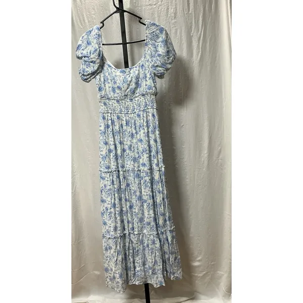Altar'd State Floral Tiered Maxi Dress XXS Blue White Puff Sleeve Smocked NWT - Image 2