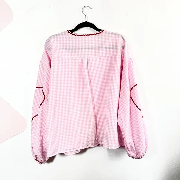 Pink Patchwork Cardigan Top‎ Womens XL Gingham Heart Pocket Cottagecore Milkmaid - Image 2
