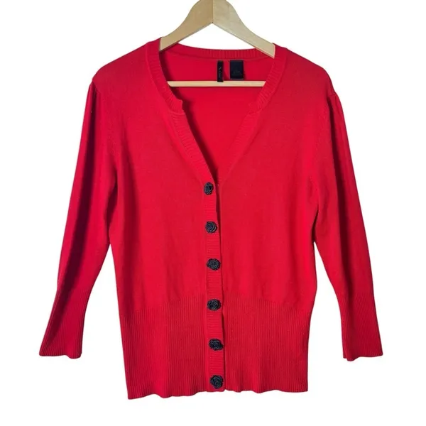 Nue Options Red Knit Cardigan Black Rose Buttons Size L - Image 2