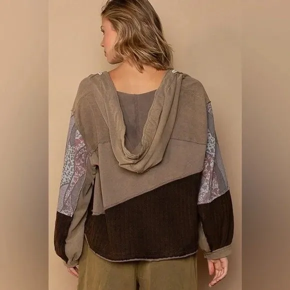 POL Peace Symbol Patchwork Brown Oversized Hoodie Sweatshirt Womens S - Image 4