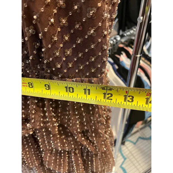 Chocolate Brown Sequin Tiered Ruffle Mini Dress V-Neck Adjustable‎ Straps - Image 6