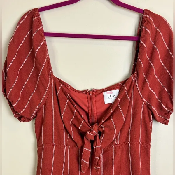 J.O.A. Rust Red Striped Linen Blend Tie Front Puff Sleeve Mini Dress Size M - Image 10