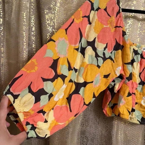 Billabong Yellow Orange Pink Floral Sun City Puff‎ Sleeve Crop Blouse Large - Image 4