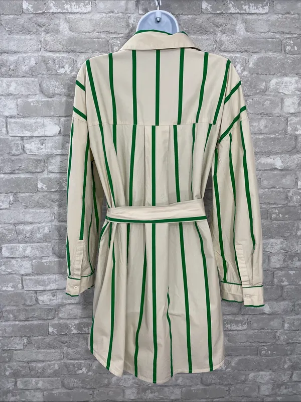 GREY LAB Cream and Green Striped Shirt Dress with Tie Waist - Image 2