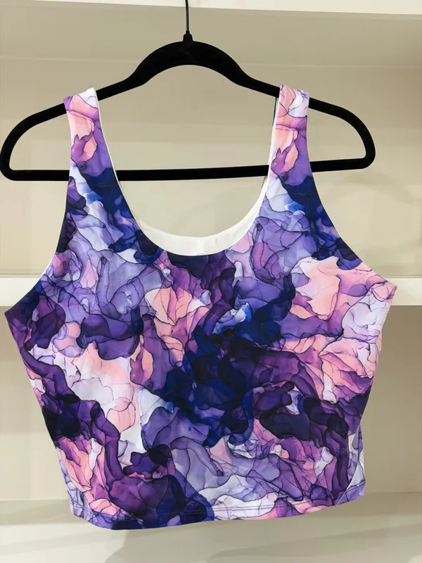 Purple & Pink Abstract Print Crop Athletic Tank Top - Image 4