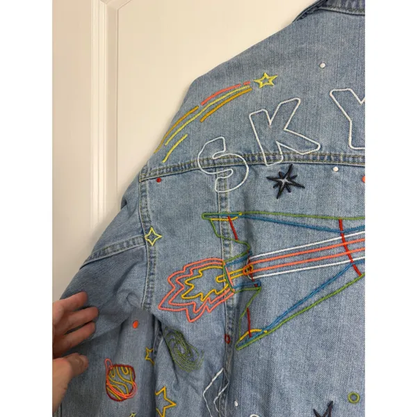 ASOS x Refinery29 Space Embroidered Denim Jacket Light‎ Wash Rocket Star XS - Image 13