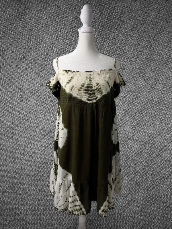 True Destiny Olive Tie-Dye Cold Shoulder Mini Dress Size Large - Image 2