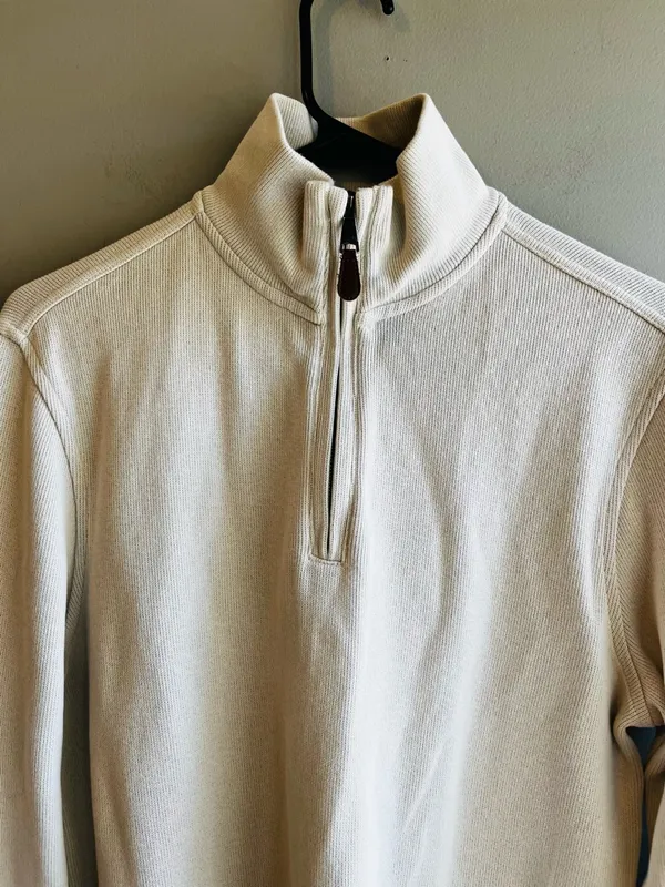 Banana Republic Women’s Cream Quarter-Zip Pullover Sweater Elbow Patches Small - Image 2
