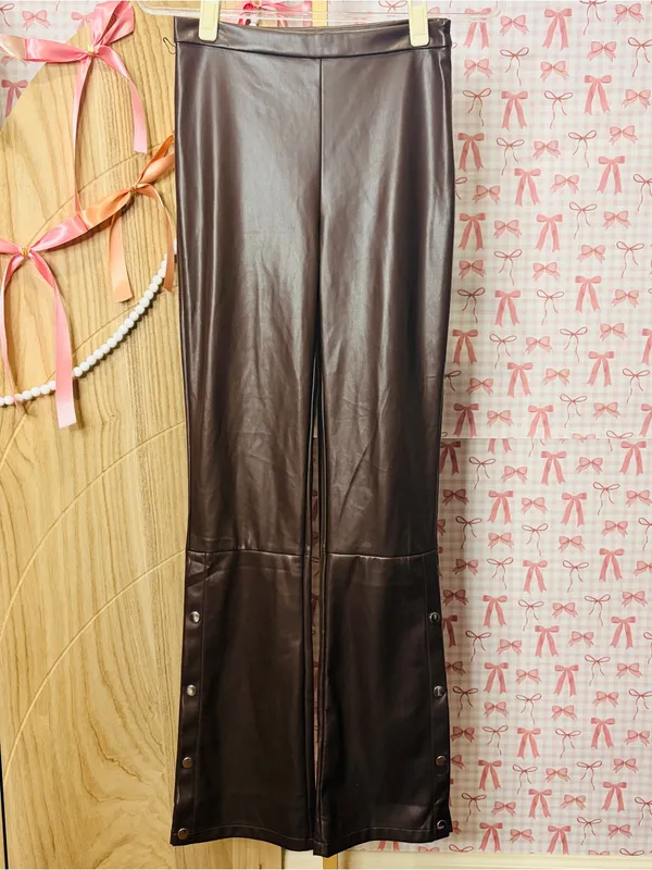 Superdown Revolve Paloma Vegan Faux Leather Chocolate Side Snap Flare Pants S - Image 2