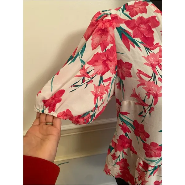 CeCe White Blouse with Pink Floral Tie-Neck Pearl Accent Peasant Top Coquette - Image 5