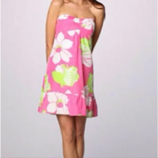 Lilly Pulitzer Blair Silk Dress strapless Ruffle hem‎ in Hot Pink size 6 Small - Image 8
