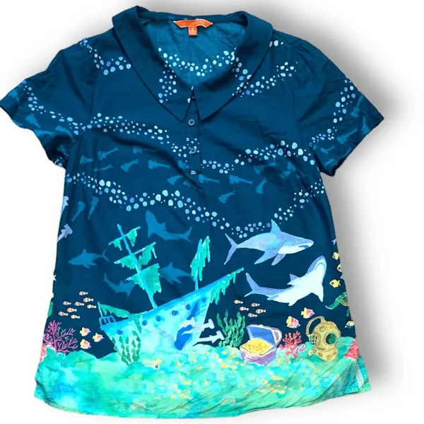 ModCloth Ocean Shark‎ Print Blouse Peter Pan Collar Blue Nautical Top Retro - Image 6