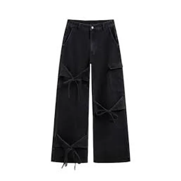CIDER Baggy Wide Leg Jeans w Tie Details High Rise Black Size Large L Cargo Y2K - Image 2