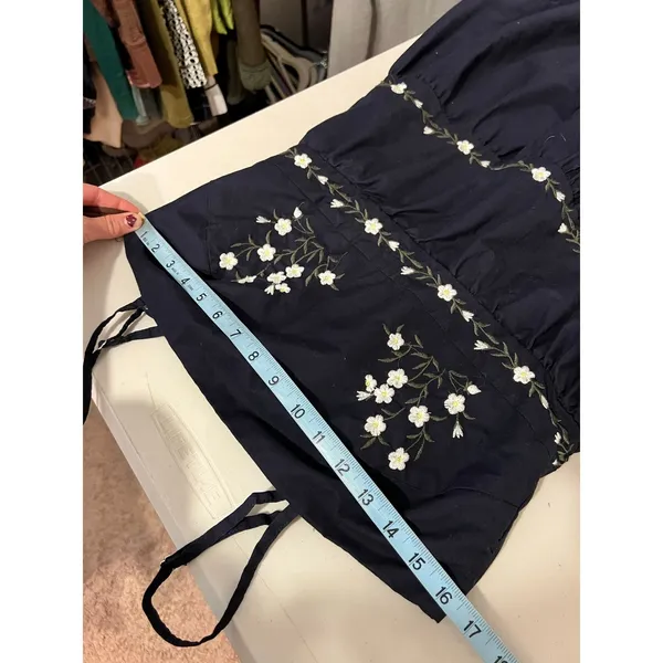 Navy Blue Floral Embroidered Folk Tiered Midi Dress Size Small 100% Cotton - Image 9