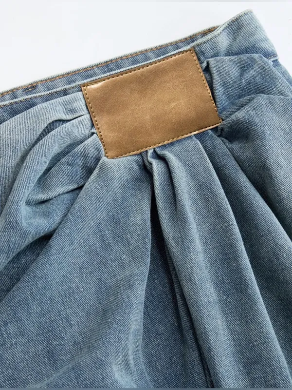 Commense Asymmetrical Ruched Denim Wide-Leg‎ Pants Jeans Sz S Tan Patch Indie - Image 3