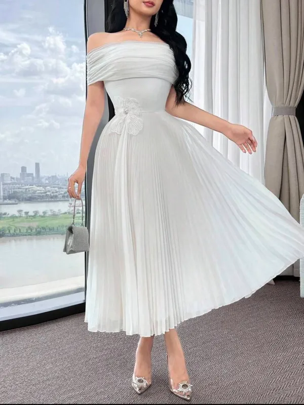 Off-Shoulder White Midi Dress with Pleated Skirt - Image 3