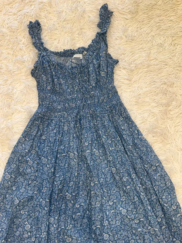 NEW DÔEN Ditsy Floral Organic Cotton Smocked Midi Blue Garden Bloom Dress sz XS - Image 9