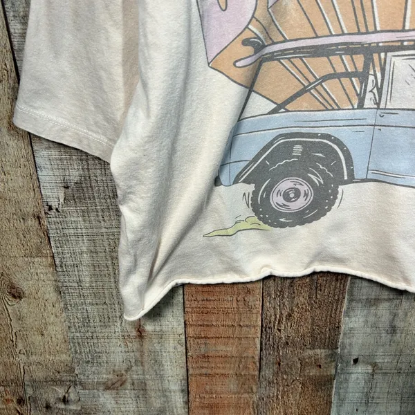 American Eagle Tan Ford Bronco Graphic Raw Hem Cropped Tee Shirt M Surf Summer - Image 2