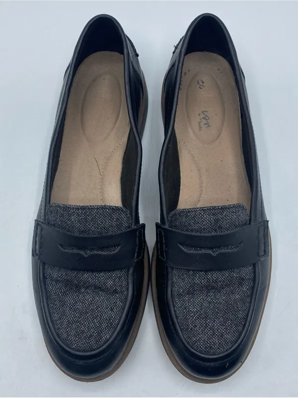Clarks Raisie Aletta Black Leather Gray Tweed Slip-On Penny Loafers 7M Cushion - Image 6