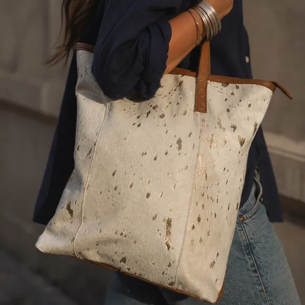 Shyanne Cowhide Hair-On Leather Tote Bag Metallic Speckled Laptop Carryall - Image 9