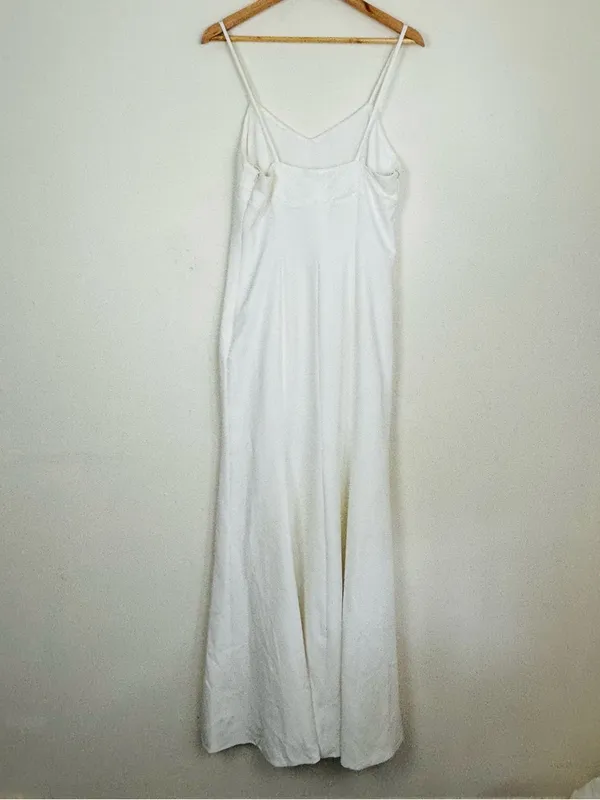 Fame and Partners white lace trim spaghetti strap slip cut gown front slit 8 - Image 7